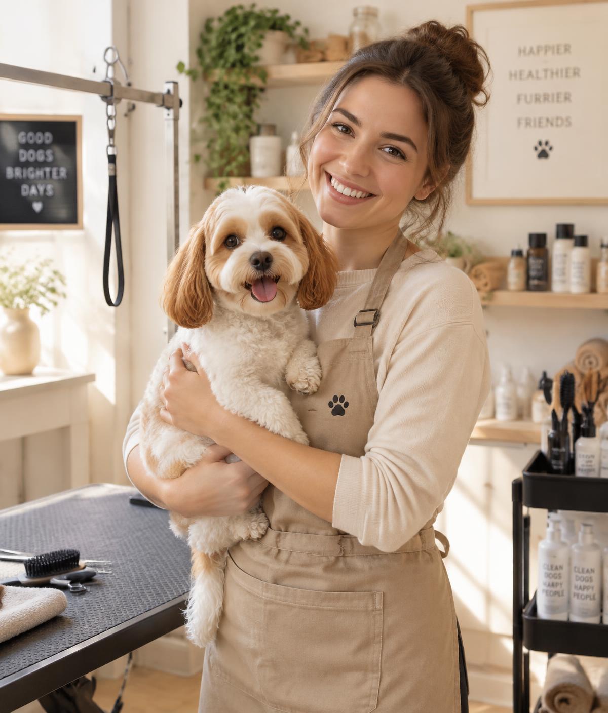 Leonie mit einem Hund im Salon